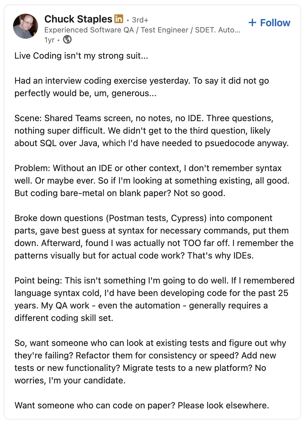 A familiar interview scene — shared screen, no IDE LinkedIn post by Chuck Staples on struggling with live coding interviews without an IDE