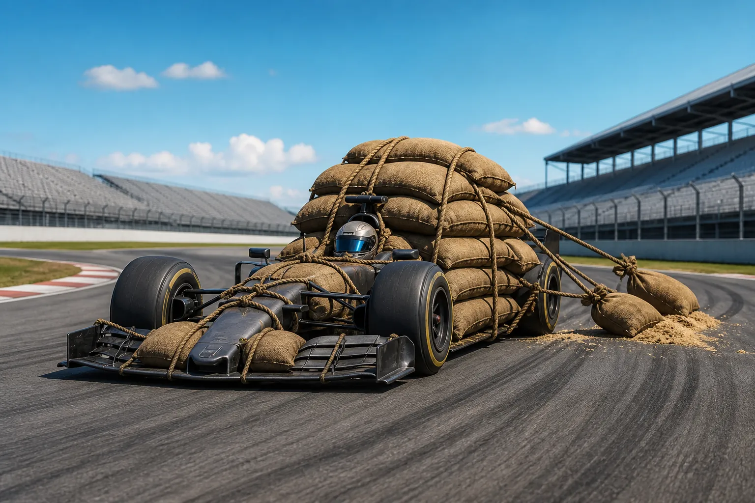 A Formula 1 car on track comically weighed down with oversized sandbags