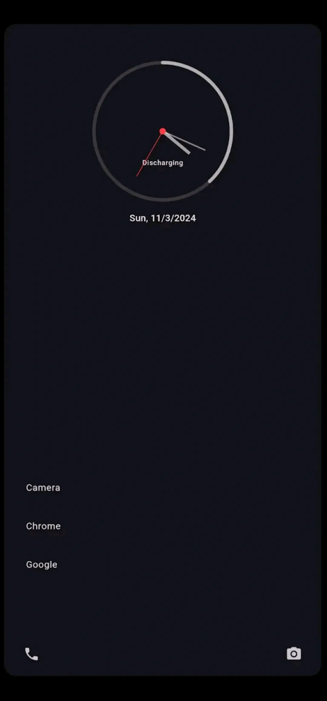 Noir Launcher home screen in dark mode with analog clock and favourite apps