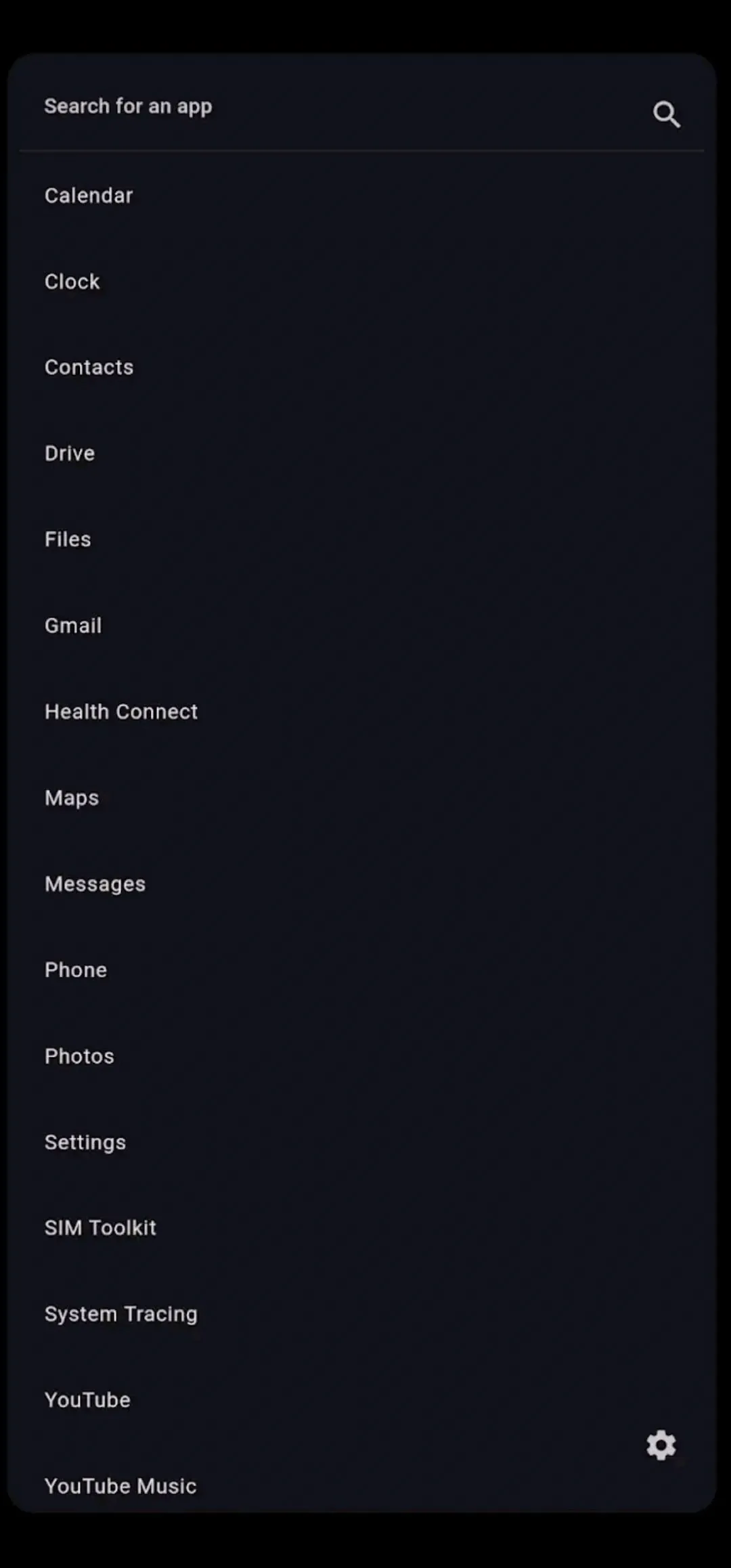 Noir Launcher app drawer with searchable text list of apps