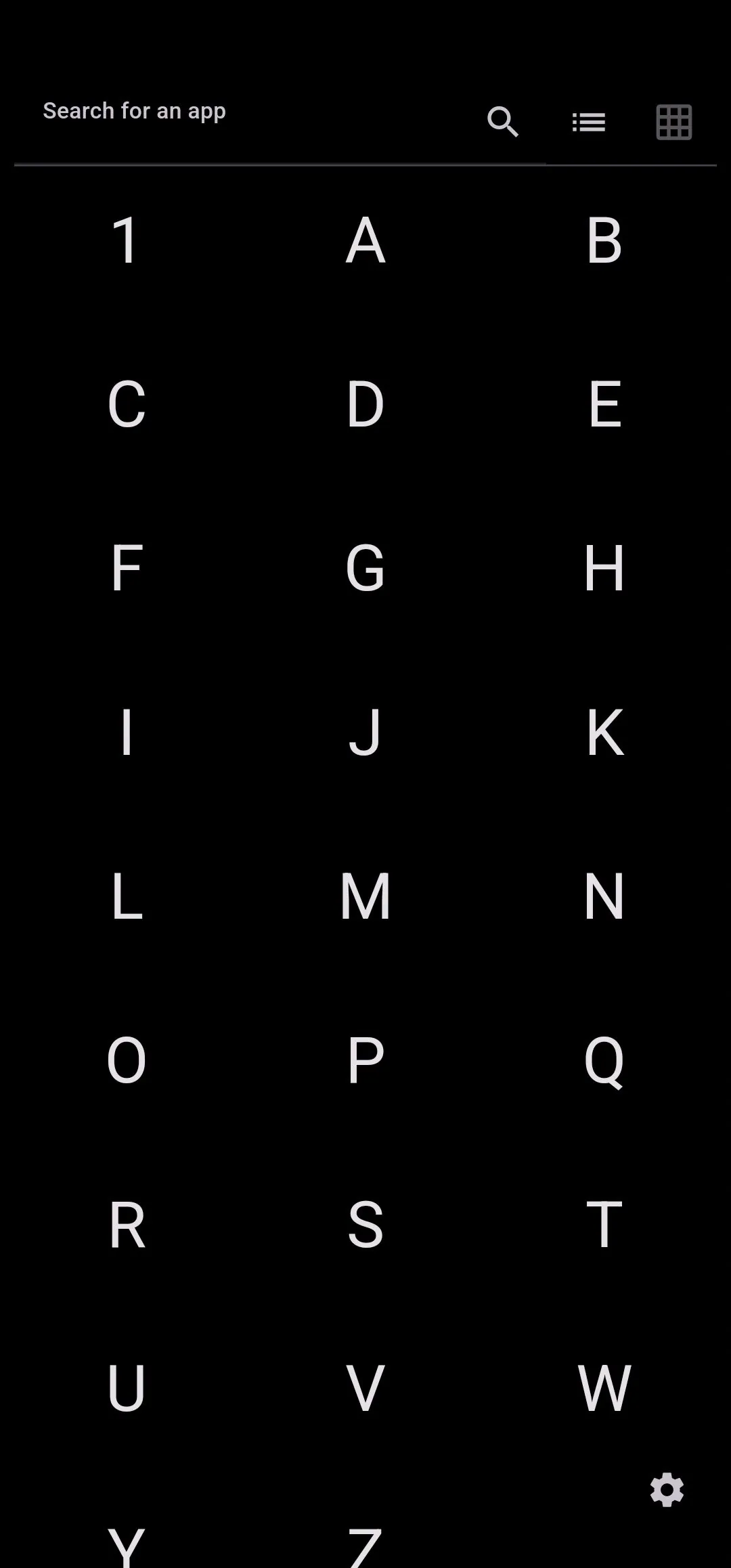 Noir Launcher alphabetical jump grid for finding apps quickly