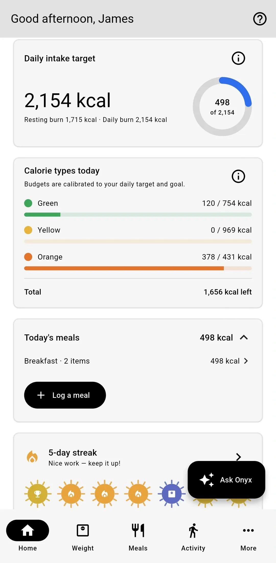 Home — intake, meals, streak Onyx home dashboard with calorie targets, meals, and Ask Onyx