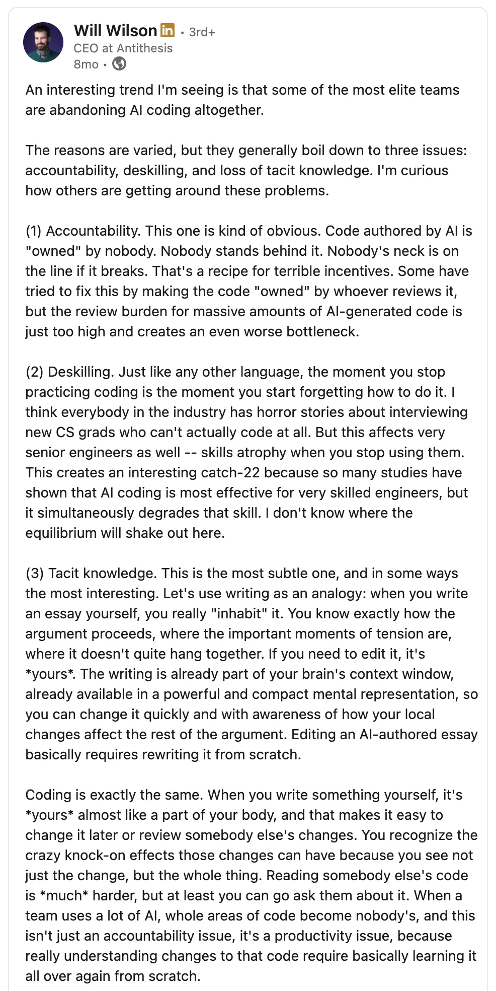 LinkedIn post by Will Wilson on accountability, deskilling, and tacit knowledge lost to AI coding