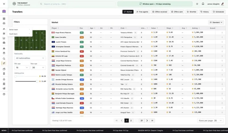 Transfer market — scout, filter, and bid The Dugout transfer market with filters, asking prices, and player list