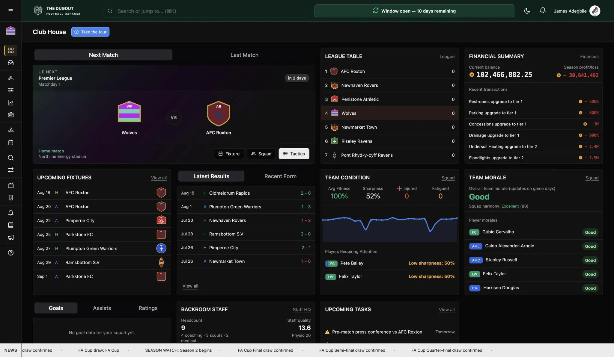 The Dugout club house dashboard with next match, finances, and team condition